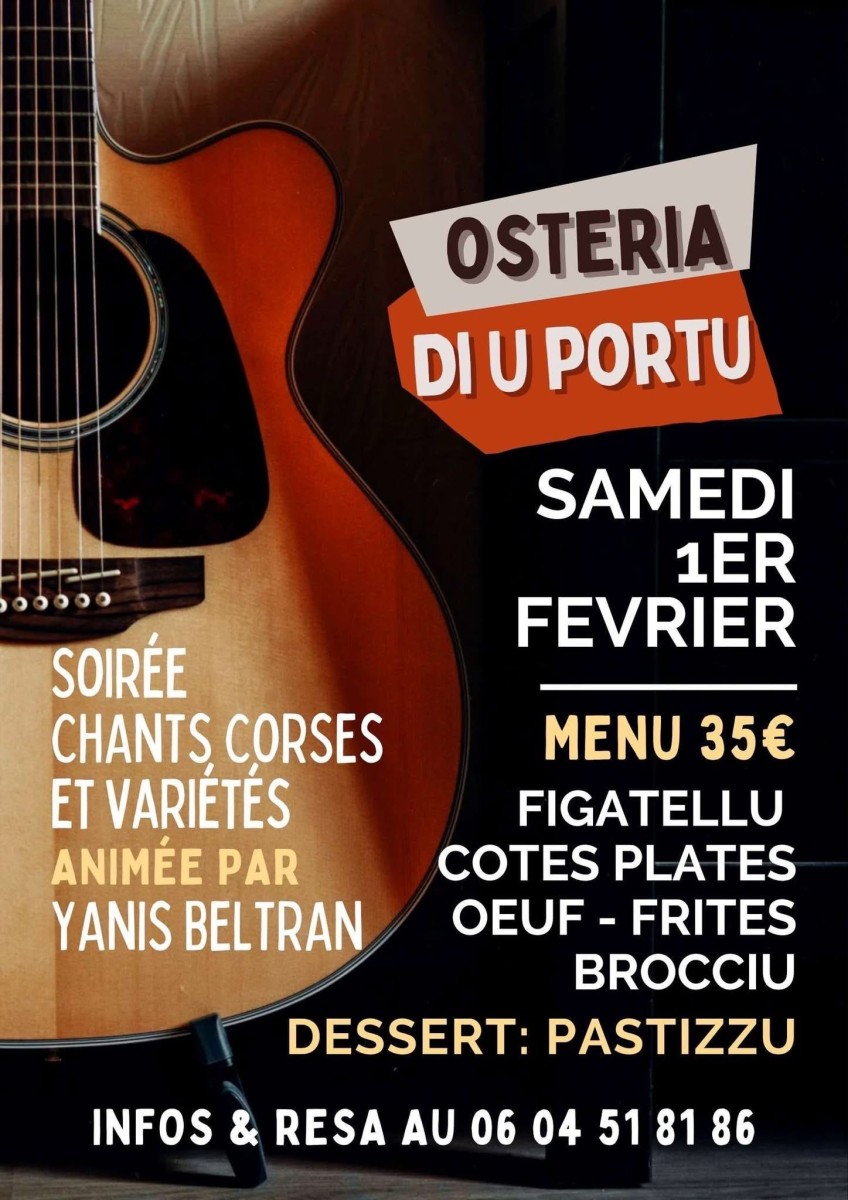 Soirée Chants Corses et Variétés - Samedi 1er Février 2025 - Osteria Di U Portu -  Cap Corse Capicorsu