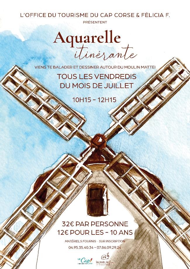 Aquarelle itinérante 2023 - Moulin Mattei - Cap Corse Capicorsu